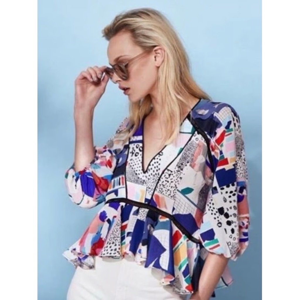 Hunter Bell 100% Silk Geometric Grayson Top Blouse Abstract Watercolor V Neck S